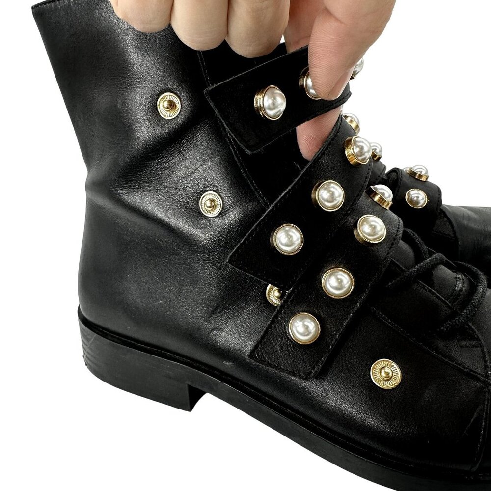 ZARA Leather Combat Biker Boots 39 8 Moto Pearl Strap Black Grunge Mall Goth - Picture 8 of 12